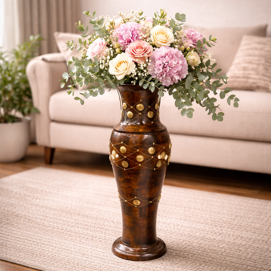 Luxury Wooden Floor Vase with Gold Floral Detailing | Elegant Statement Home Dรฉcor Piece