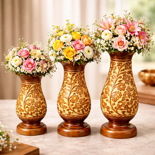 Handcrafted Wooden Vase with Decorative Brass Flower Accents โ Elegant Home Dรฉcor