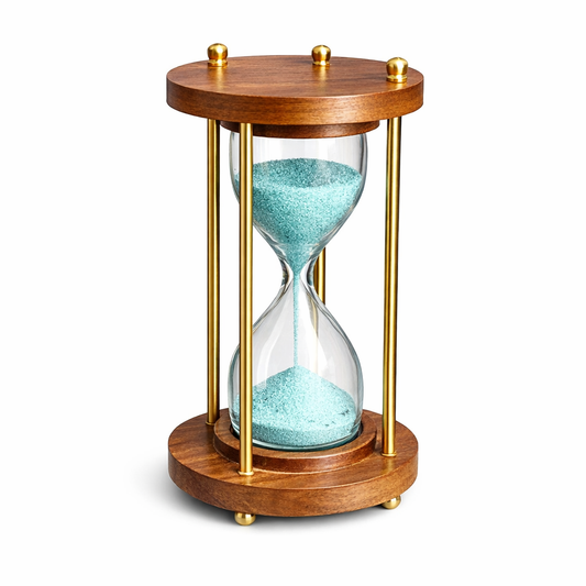 Luxury Wooden Hourglass Timer with Turquoise Sand, Brass & Wood Frame, Elegant Table Decor & Office Desk Showpiece (Brown)