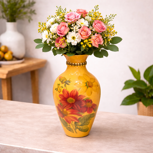 Handcrafted Wooden Vase with Decorative Brass Flower Accents โ Elegant Home Dรฉcor