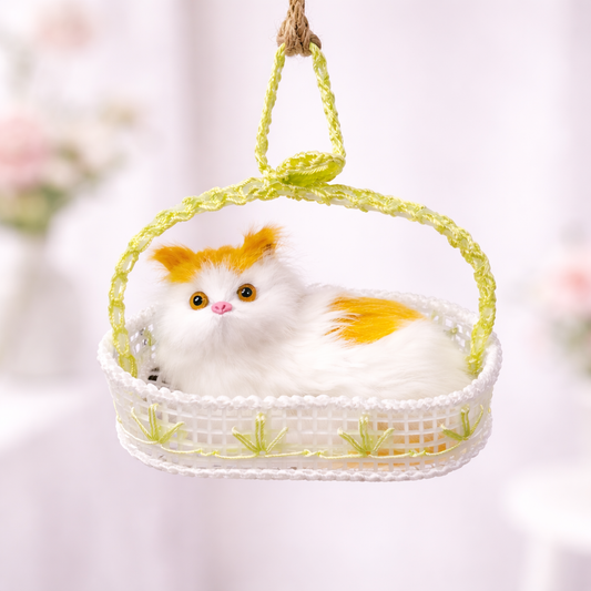 Decorative Plush Cat Toy, White and Orange Kitten in Basket, Realistic Stuffed Animal, Home Decor Accent (White & Orange)