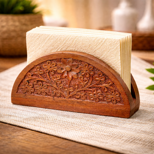 Hand-Carved Wooden Napkin Holder with Floral Design | Elegant Tabletop Tissue Stand