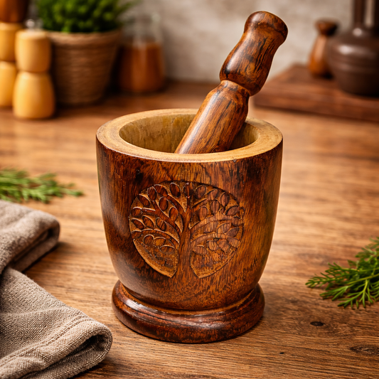 Handcrafted Wooden Mortar and Pestle โ Engraved Tree of Life Design