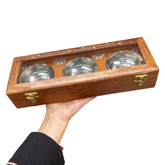 Elegant Wooden Spice Box with Brass Inlay and Stainless Steel Bowls โ Kitchen Storage Organizer