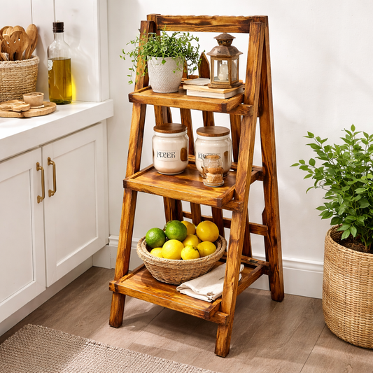 Rustic 3-Tier Wooden Display Shelf โ Foldable Ladder Style Stand