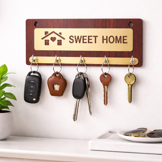 Rustic Wooden Key Holder with 'Sweet Home' Engraving โ Decorative Wall Organizer