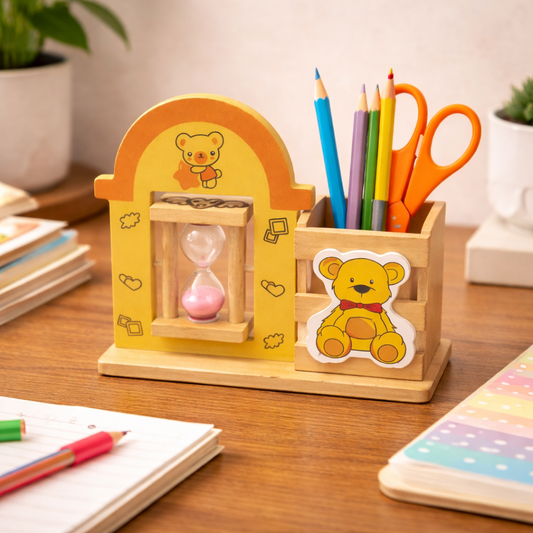 Cute Wooden Teddy Bear Desk Organizer with Sand Timer | Kids Study Table Stationery Holder
