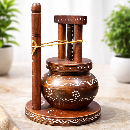 Handcrafted Wooden Traditional Pot Showpiece โ Ethnic Rustic Home Decor Accent