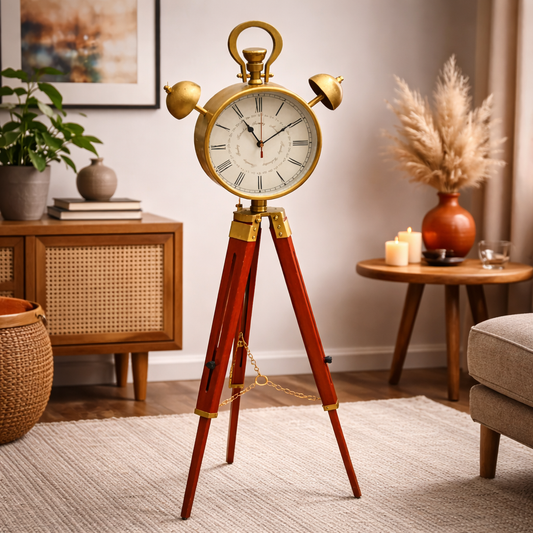 Vintage Brass Tripod Floor Clock โ Nautical Style Wooden Stand Decorative Timepiece