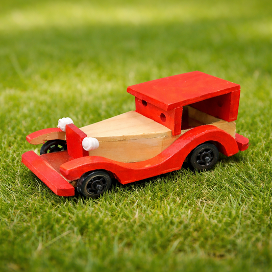 Handcrafted Red Vintage Wooden Car Showpiece โ Retro Classic Toy Car Decor