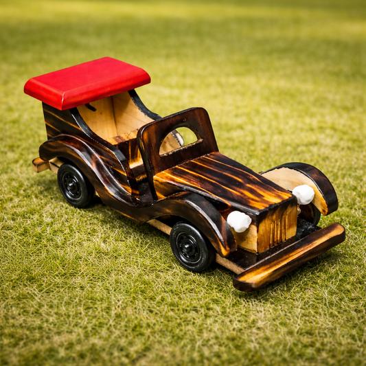 Handcrafted Vintage Wooden Toy Car โ Decorative Model with Red Roof