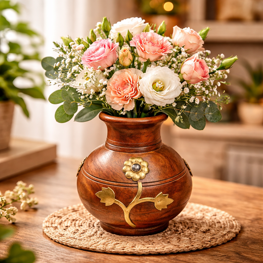 Handcrafted Wooden Vase with Decorative Brass Flower Accents โ Elegant Home Dรฉcor