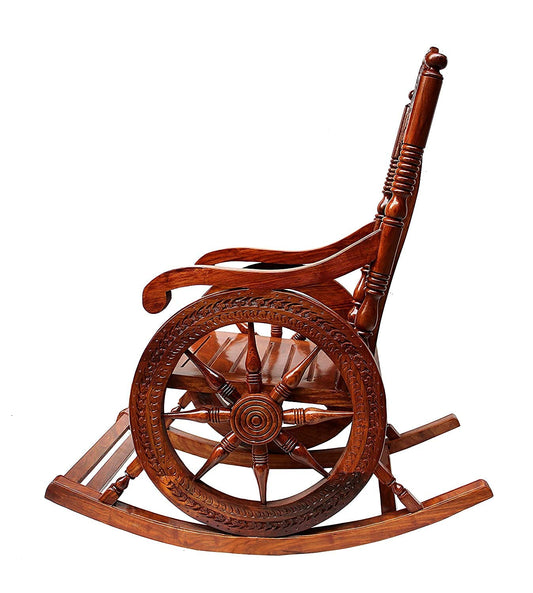 Handcrafted Wooden Rocking Chair with Wheel Design Traditional Antique Finish Pure Sheesham Wood, Brown