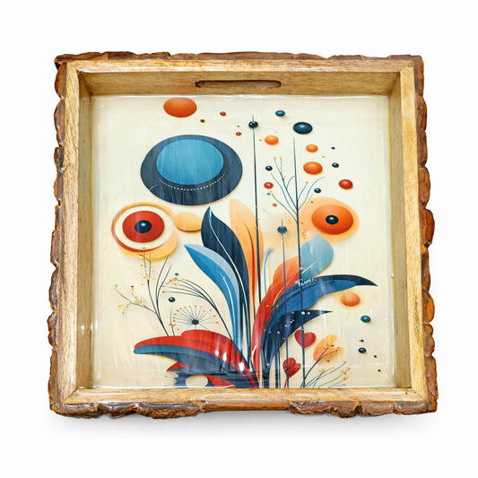 Rustic Wooden Serving Tray with Colorful Abstract Floral Art