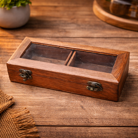 Elegant Sheesham Wood Storage Box with Glass Lid – Handcrafted Organizer Case