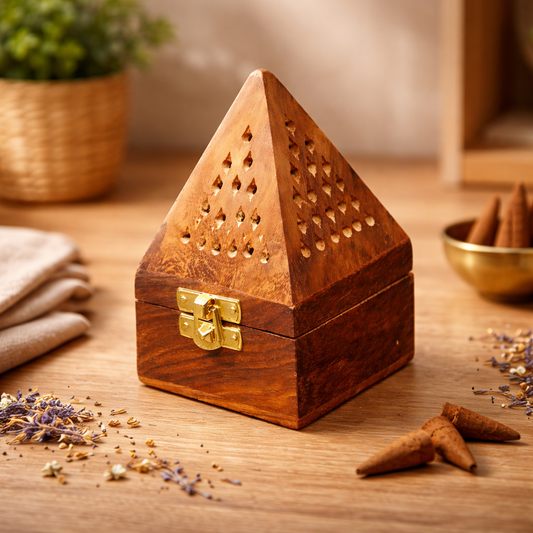 Handcrafted Wooden Pyramid Incense Box with Brass Bowl set of 2
