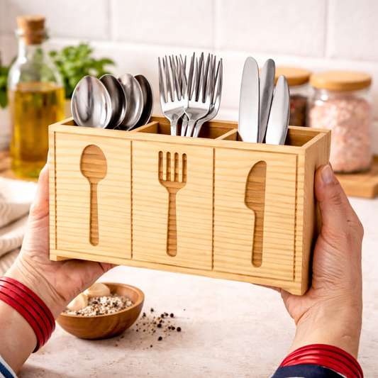 Bamboo Utensil Holder with Stainless Steel Cutlery – Kitchen Organizer Set