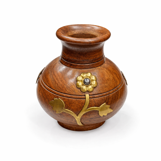 Handcrafted Wooden Vase with Decorative Brass Flower Accents – Elegant Home Décor