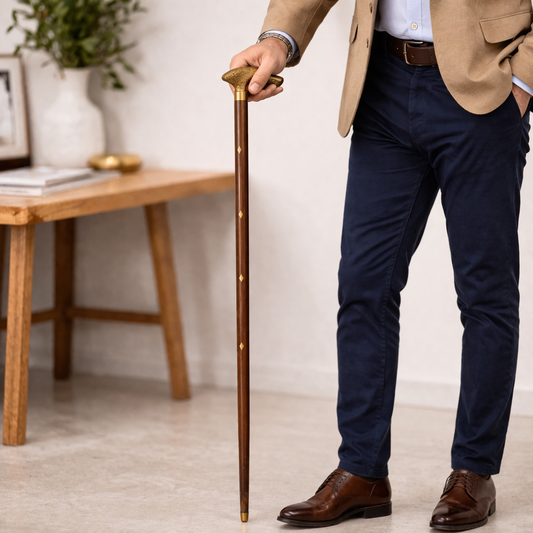 Polished Wooden Walking Cane with Brass Handle – Classic Decorative Gentleman’s Cane