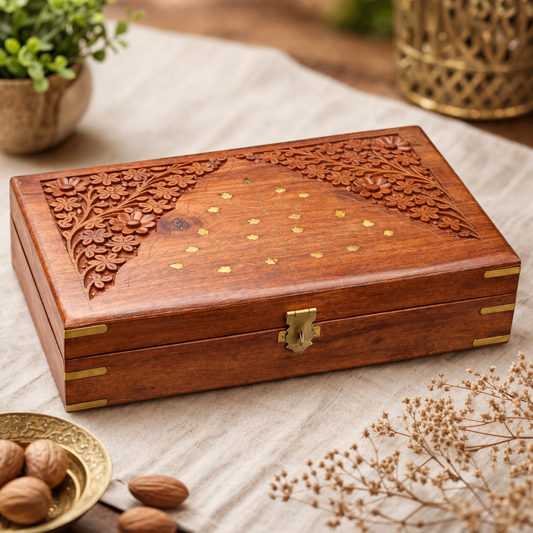 Handcrafted Wooden Keepsake Box – Floral Carved Storage Case with Brass Clasp