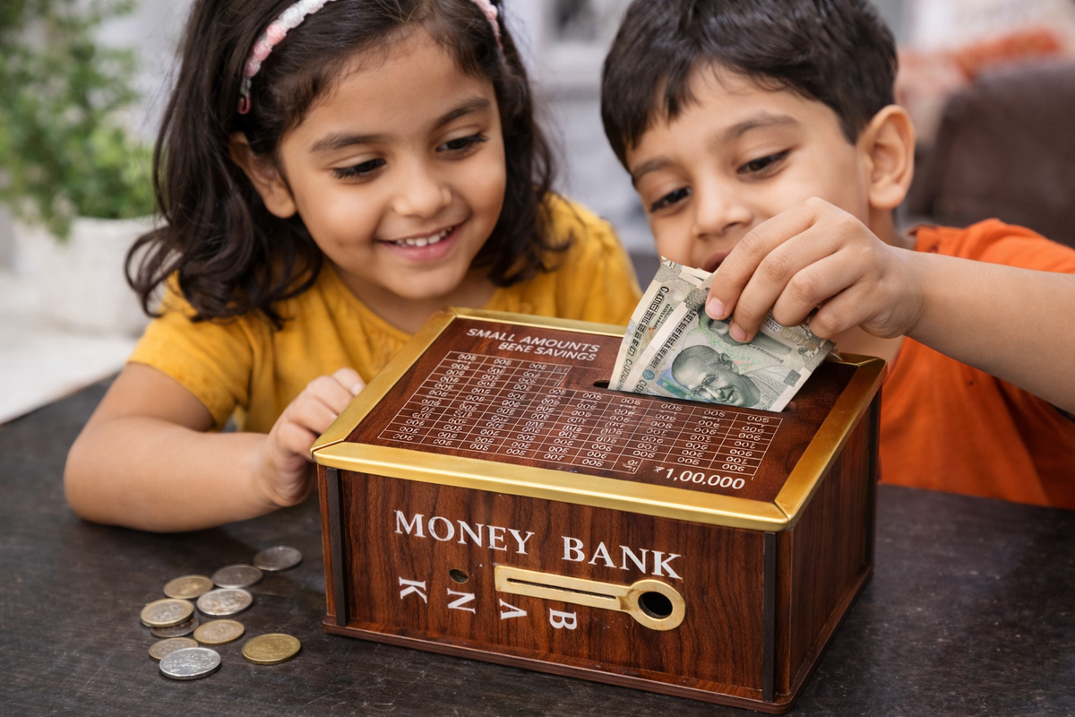 Wooden Money Bank with Savings Goal Chart