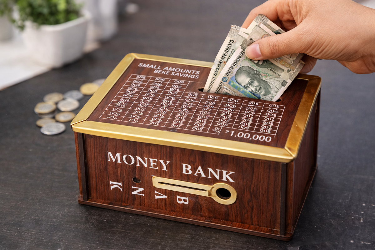 Wooden Money Bank with Savings Goal Chart