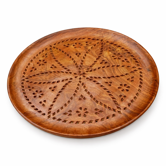 Handcrafted Wooden Tray with Intricate Mandala Carving – Decorative Serving Tray