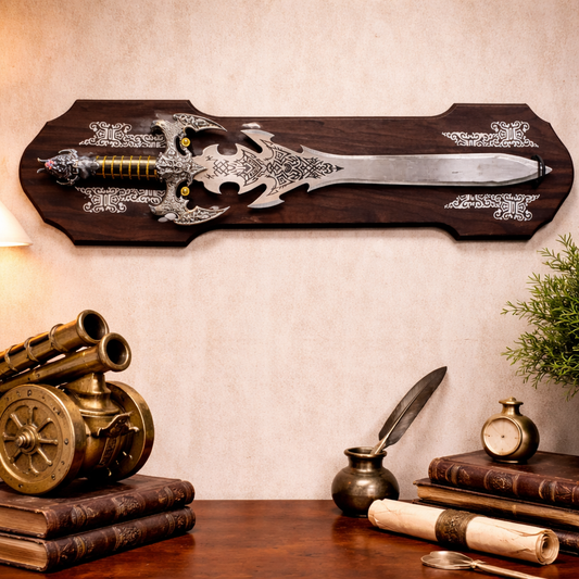 Ornate Medieval Shield Wall Decor with Crossed Sword and Axes