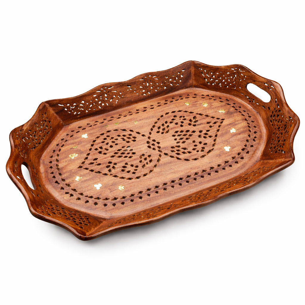 Elegant Sheesham Wood Serving Tray with Brass Inlay – Decorative Wooden Tray