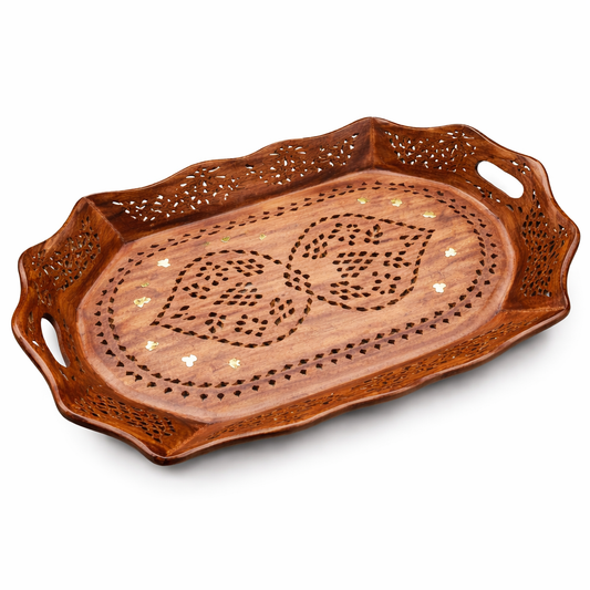 Elegant Sheesham Wood Serving Tray with Brass Inlay – Decorative Wooden Tray