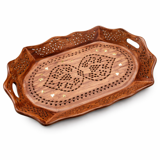 Elegant Sheesham Wood Serving Tray with Brass Inlay – Decorative Wooden Tray