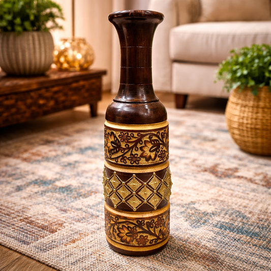 Luxury Tall Wooden Floor Vase with Gold Floral Embossing | Premium Decorative Home Décor Vase