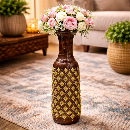 Luxury Tall Wooden Floor Vase with Gold Floral Embossing | Premium Decorative Home Décor Vase