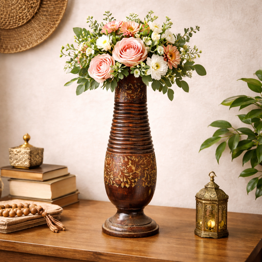 Handcrafted Wooden Vase with Decorative Brass Flower Accents – Elegant Home Décor