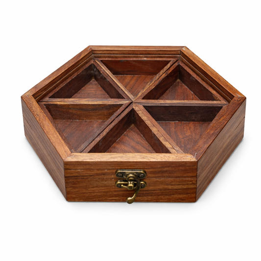 Wooden Hexagon Spice Box – Handmade Masala Organizer with 6 Compartments