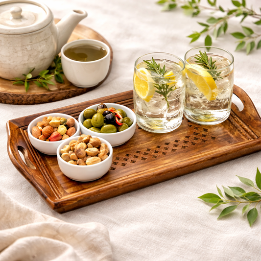 Elegant Wooden Serving Tray with Brass Inlay – Handcrafted Decorative Tray