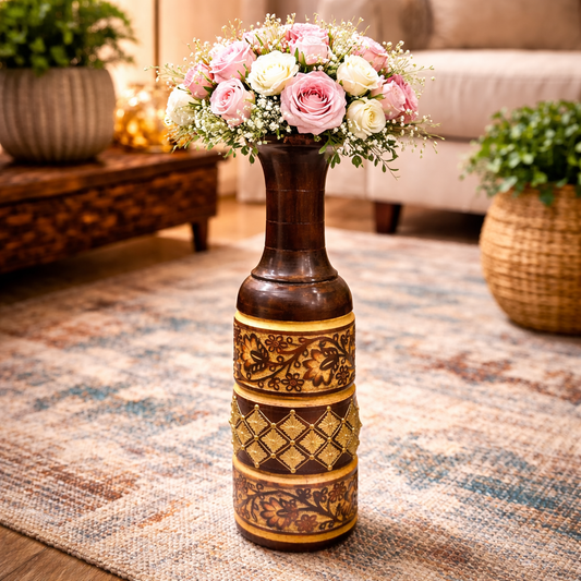 Handcrafted Wooden Vase with Antique Gold Floral Detailing | Ethnic Decorative Flower Vase