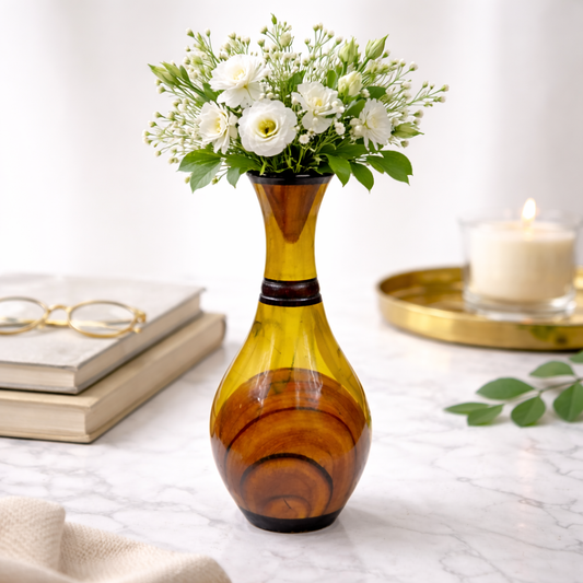 Handcrafted Wooden Vase with Decorative Brass Flower Accents – Elegant Home Décor