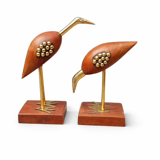 Elegant Wooden Bird Sculpture Set with Brass Accents – Modern Table Decor