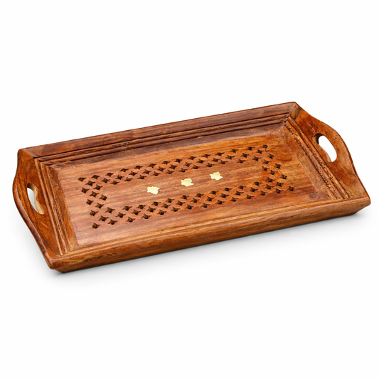 Elegant Wooden Serving Tray with Brass Inlay – Handcrafted Decorative Tray