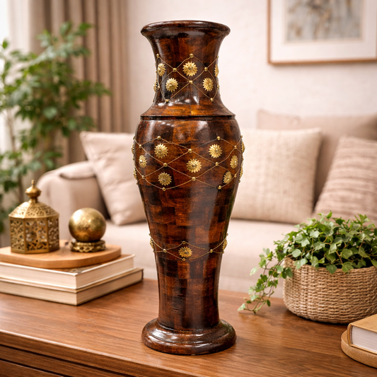 Luxury Wooden Floor Vase with Gold Floral Detailing | Elegant Statement Home Décor Piece