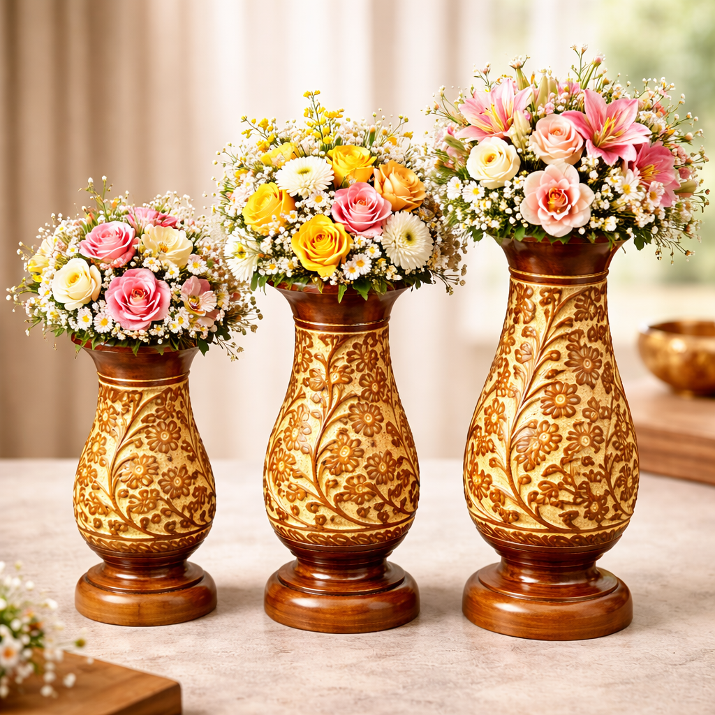 Handcrafted Wooden Vase with Decorative Brass Flower Accents – Elegant Home Décor