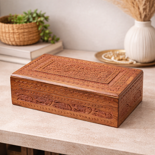 Handcrafted Sheesham Wood Carved Storage Box – Decorative Keepsake & Jewelry Box