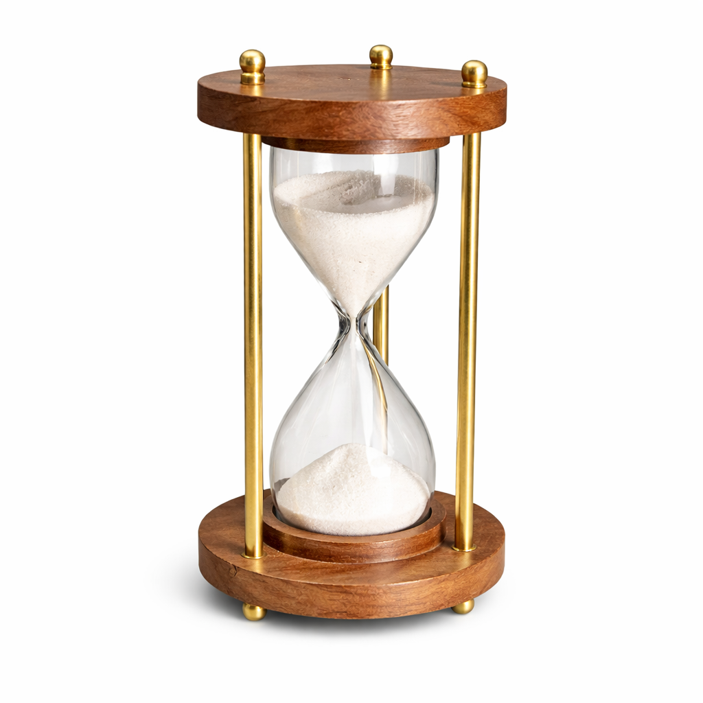 Luxury Wooden Hourglass Timer with White Sand, Brass & Wood Frame, Elegant Table Decor & Office Desk Showpiece (Brown)