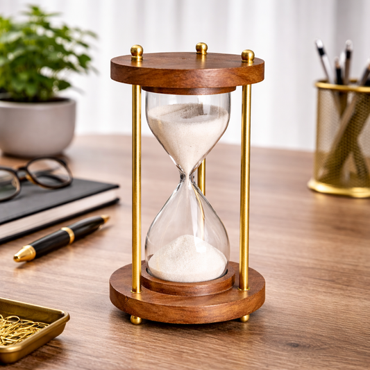 Luxury Wooden Hourglass Timer with White Sand, Brass & Wood Frame, Elegant Table Decor & Office Desk Showpiece (Brown)