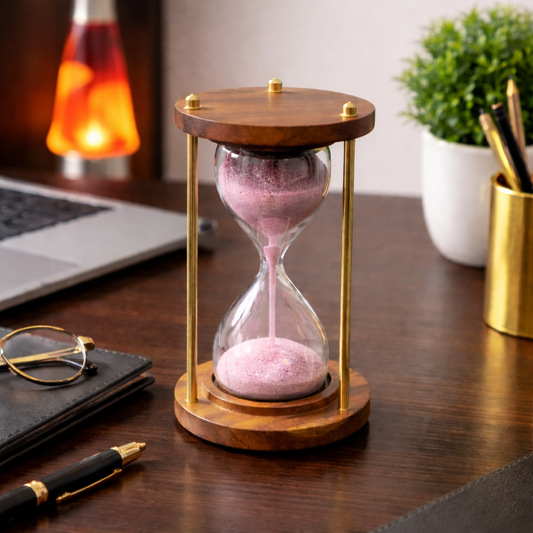 Luxury Wooden Hourglass Timer Large Size with Pink Sand, Brass & Wood Frame, Elegant Table Decor & Desk Showpiece  Medium size