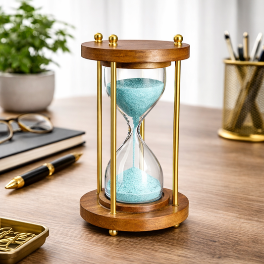 Luxury Wooden Hourglass Timer with Turquoise Sand, Brass & Wood Frame, Elegant Table Decor & Office Desk Showpiece (Brown)
