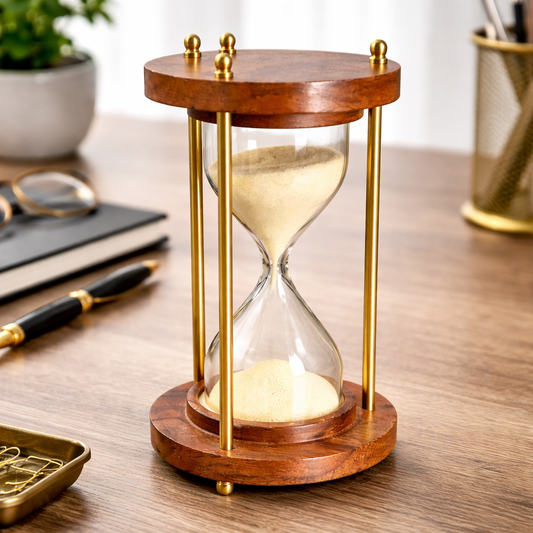 Luxury Wooden Hourglass Timer with Beige Sand, Brass & Wood Frame, Elegant Table Decor & Office Desk Showpiece (Brown)