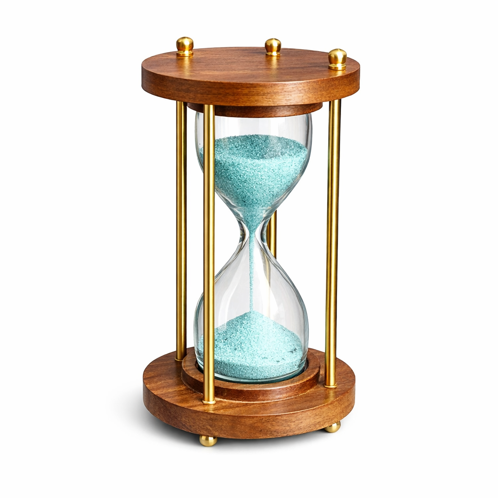 Luxury Wooden Hourglass Timer with Turquoise Sand, Brass & Wood Frame, Elegant Table Decor & Office Desk Showpiece (Brown)