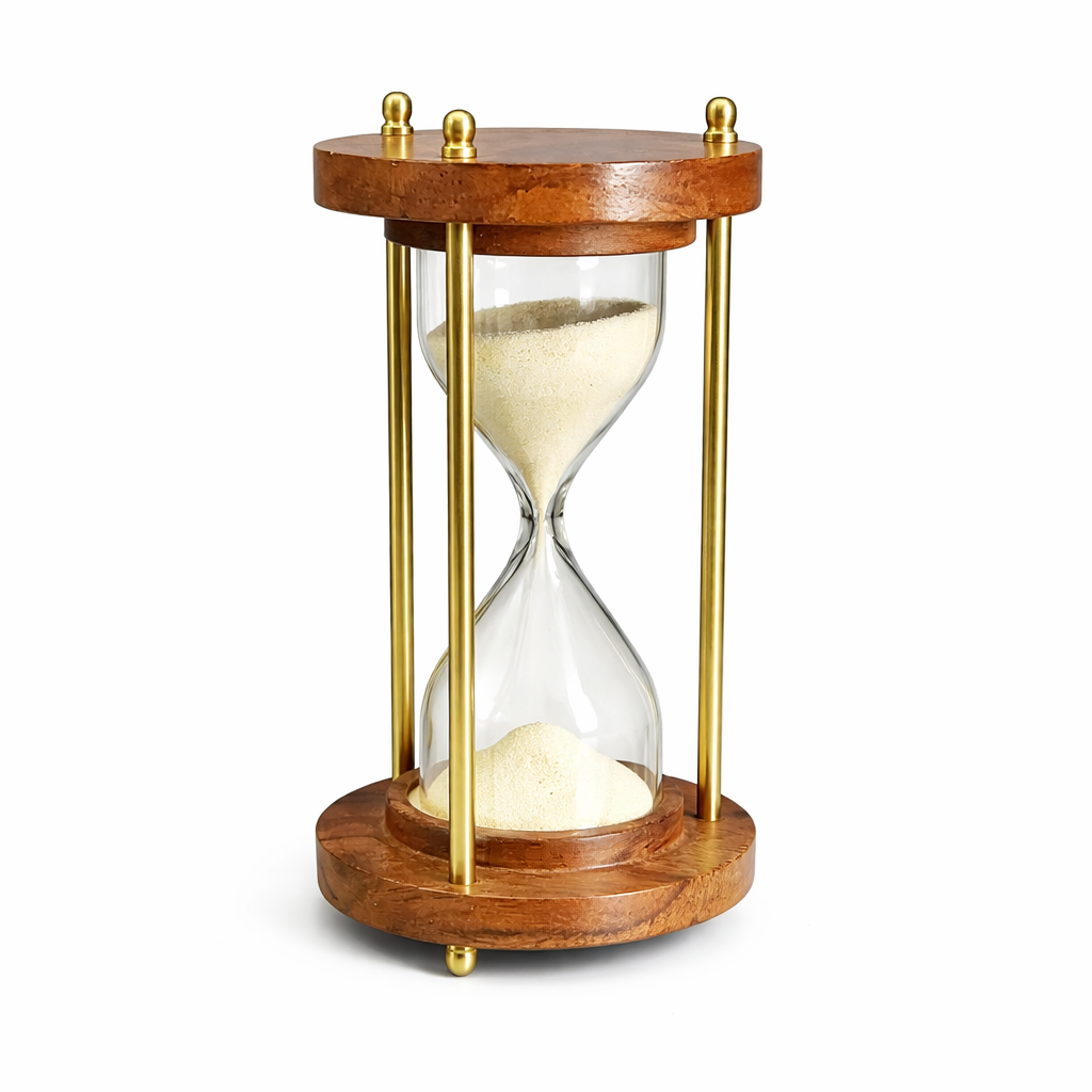 Luxury Wooden Hourglass Timer with Beige Sand, Brass & Wood Frame, Elegant Table Decor & Office Desk Showpiece (Brown)